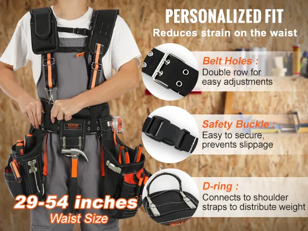 VEVOR tool belt with adjustable 29-54 inches waist size, safety buckle, d-ring, and double row belt holes.