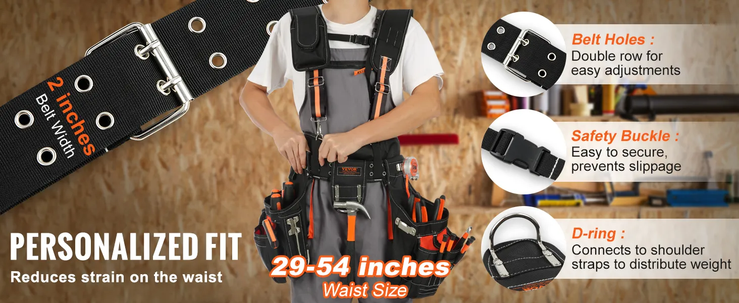 VEVOR tool belt with adjustable 29-54 inches waist size, safety buckle, d-ring, and double row belt holes.