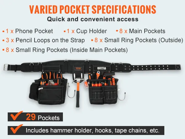 VEVOR tool belt with 29 pockets, ideal for quick access to tools, featuring multiple storage options.