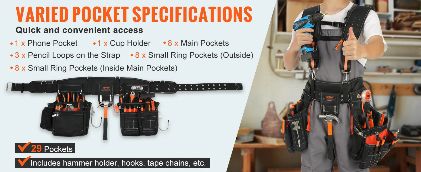 VEVOR tool belt with 29 pockets, ideal for quick access to tools, featuring multiple storage options.