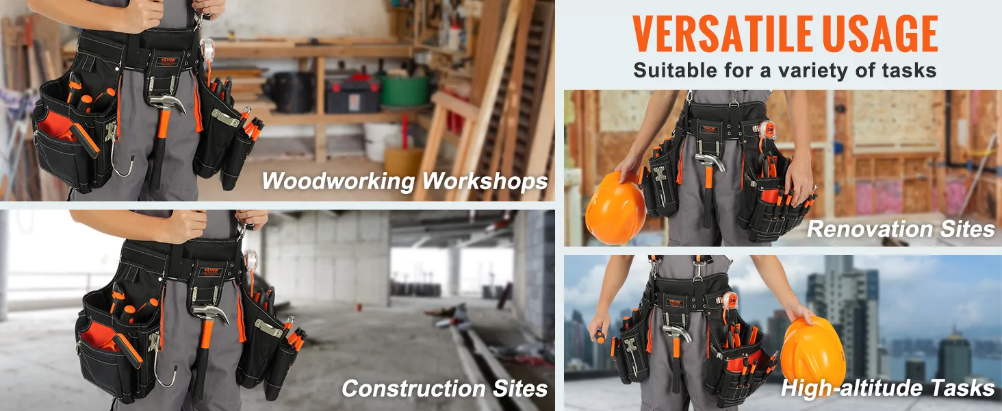 VEVOR tool belt suitable for woodworking workshops, construction sites, renovation sites, high-altitude tasks.