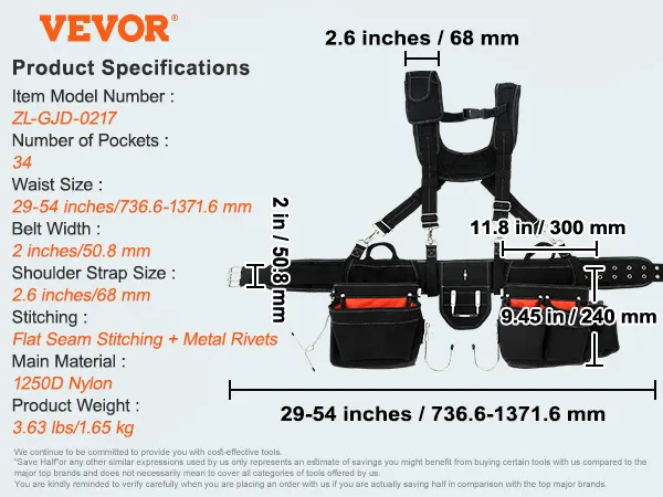 VEVOR tool belt with 34 pockets, adjustable waist size, 1250d nylon material, flat seam stitching.