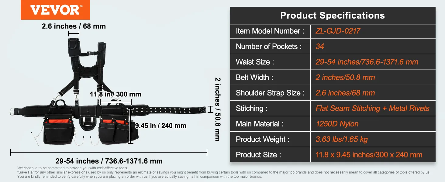 VEVOR tool belt with 34 pockets, adjustable waist size, 1250d nylon material, flat seam stitching.