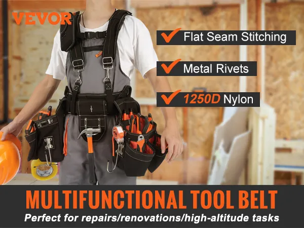 VEVOR multifunctional tool belt for high-altitude tasks, with flat seam stitching, metal rivets, and durable nylon.