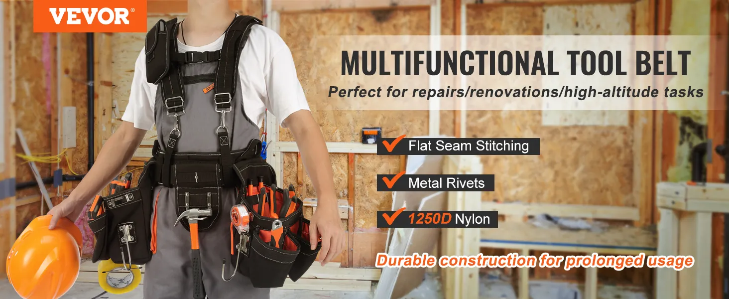 VEVOR multifunctional tool belt for high-altitude tasks, with flat seam stitching, metal rivets, and durable nylon.