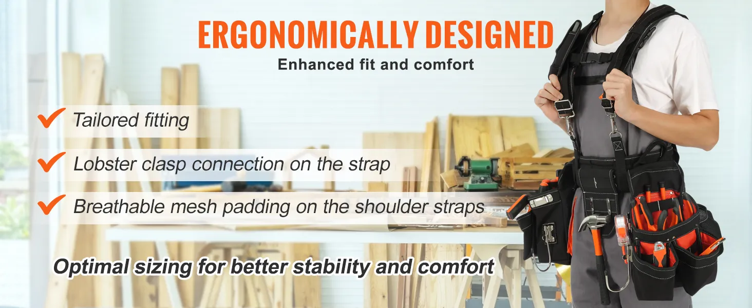 ergonomically designed VEVOR tool belt with tailored fitting, lobster clasp, and breathable mesh padding.