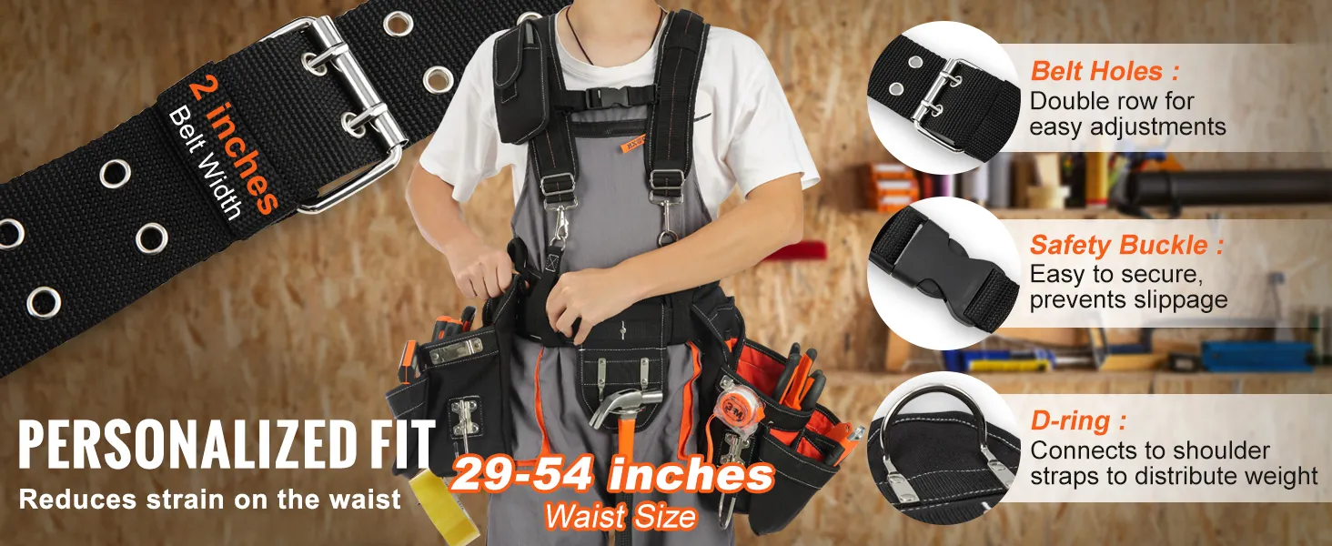 VEVOR tool belt with adjustable fit, safety buckle, and d-ring. waist size: 29-54 inches.