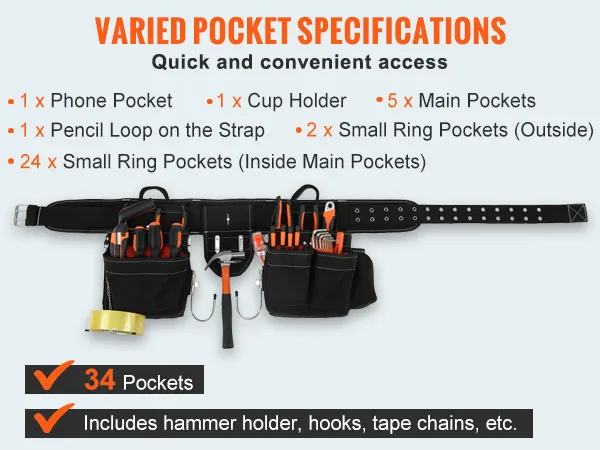 VEVOR tool belt with 34 pockets, quick access, and ample storage for tools, including hammer holder.