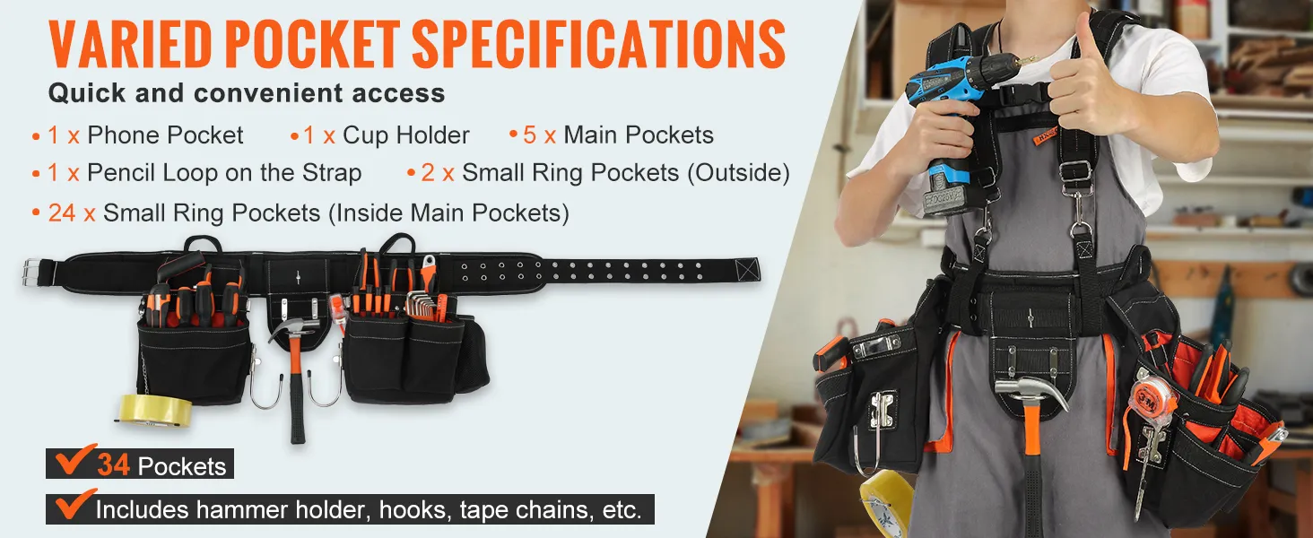 VEVOR tool belt with 34 pockets, quick access, and ample storage for tools, including hammer holder.