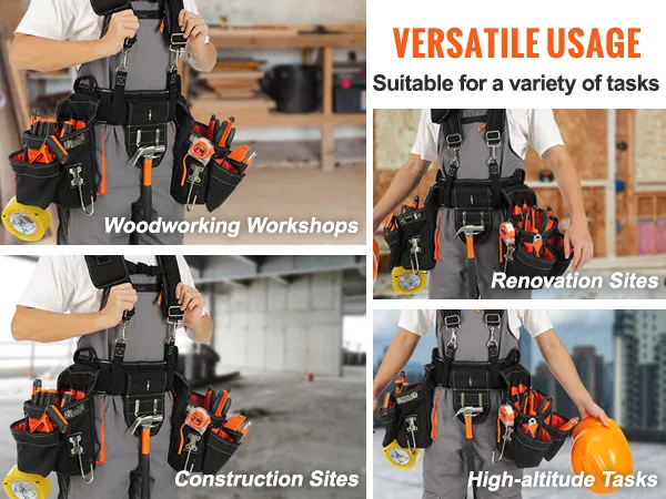 VEVOR tool belt for woodworking, construction, renovation, and high-altitude tasks in various settings.