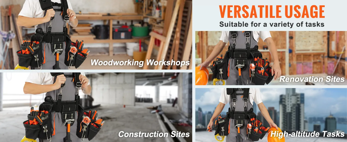 VEVOR tool belt for woodworking, construction, renovation, and high-altitude tasks in various settings.