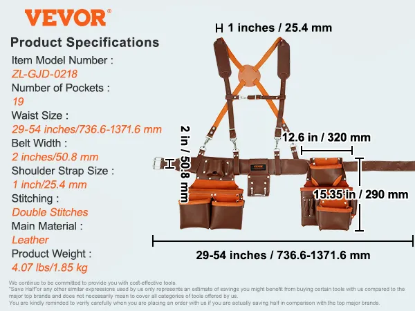 VEVOR leather tool belt with 19 pockets, adjustable waist size 29-54 inches, and 2-inch belt width.