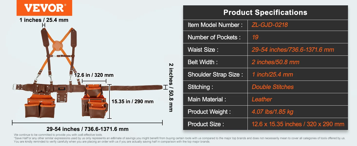 VEVOR leather tool belt with 19 pockets, adjustable waist size 29-54 inches, and 2-inch belt width.