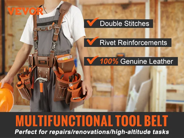 VEVOR leather tool belt with multiple pockets, double stitches, and rivet reinforcements for durability.