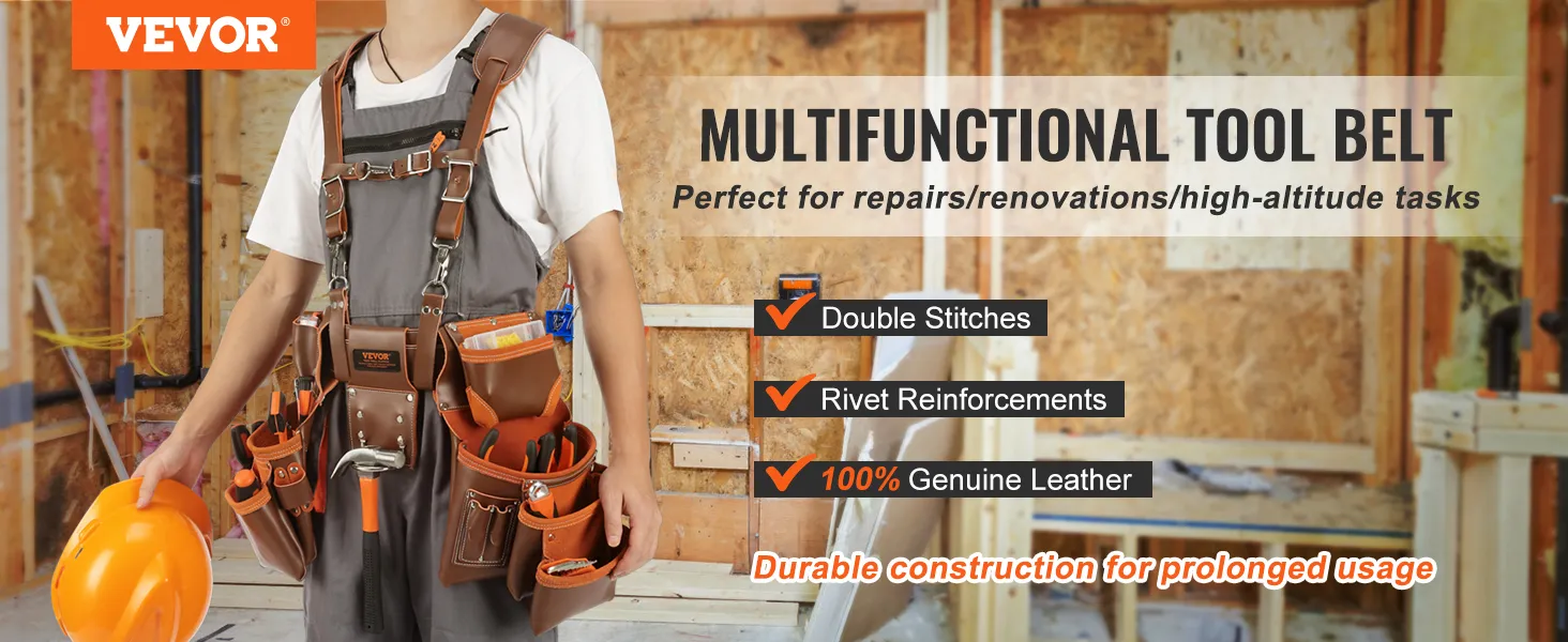 VEVOR leather tool belt with multiple pockets, double stitches, and rivet reinforcements for durability.