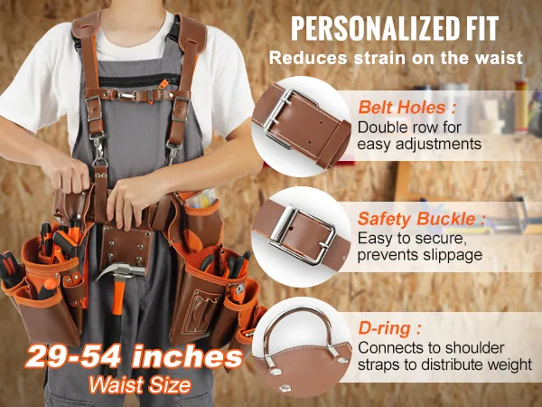 VEVOR leather tool belt with adjustable waist size from 29-54 inches, safety buckle, and d-ring for comfort.