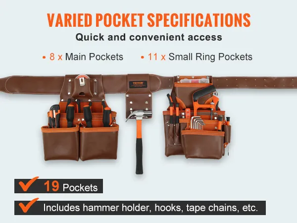 VEVOR leather tool belt with 19 pockets for easy access, ideal for holding tools and accessories.