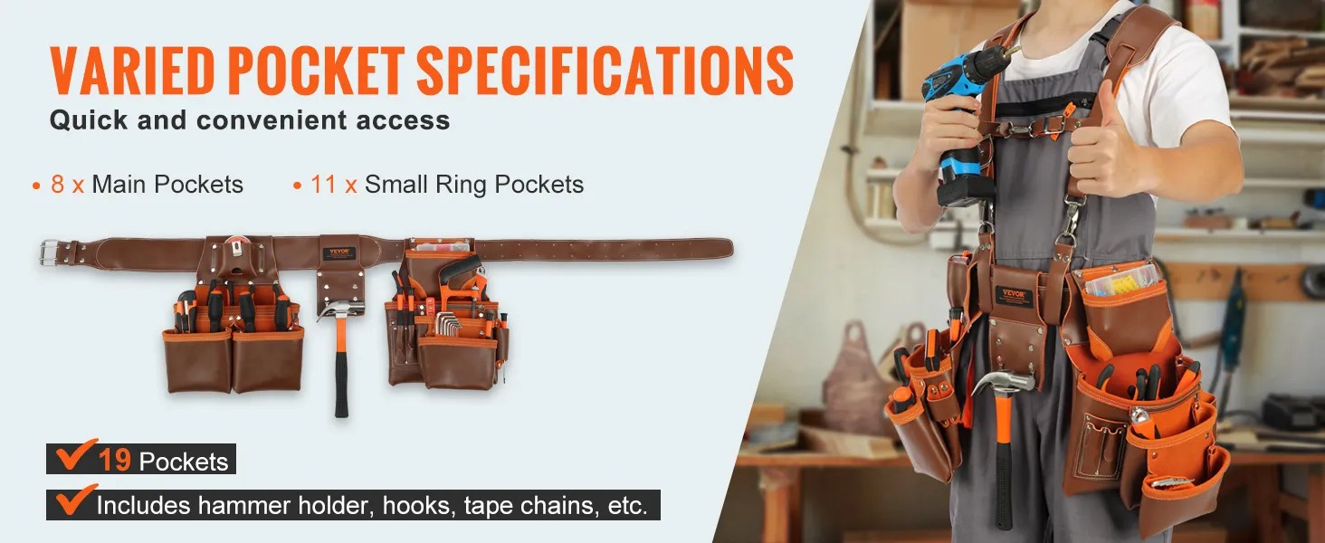 VEVOR leather tool belt with 19 pockets for easy access, ideal for holding tools and accessories.