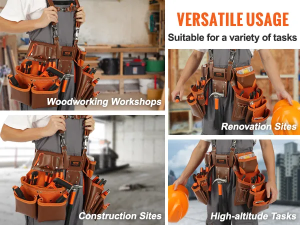 VEVOR leather tool belt in use at woodworking workshops, construction sites, renovation sites, and high-altitude tasks.