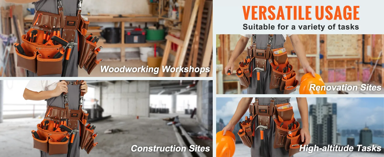 VEVOR leather tool belt in use at woodworking workshops, construction sites, renovation sites, and high-altitude tasks.