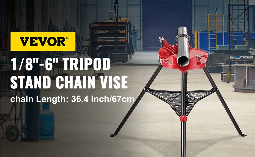 VEVOR tripod pipe vise with 36.4 inch chain in industrial setting.
