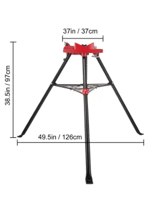 VEVOR tripod pipe vise with measurements 38.5in x 49.5in x 37in.