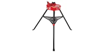 red and black VEVOR tripod pipe vise with sturdy legs and a triangular support.