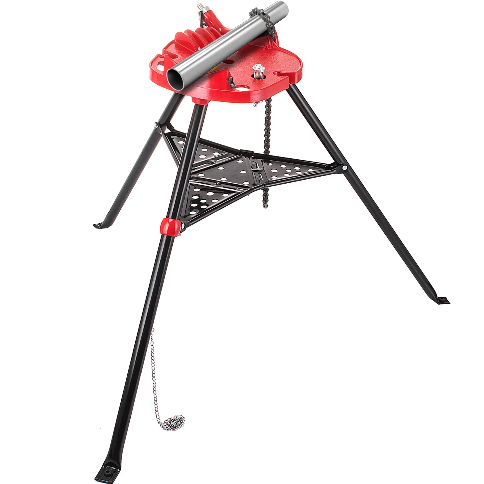 VEVOR tripod pipe vise with a red head, black legs, and a chain clamp holding a pipe