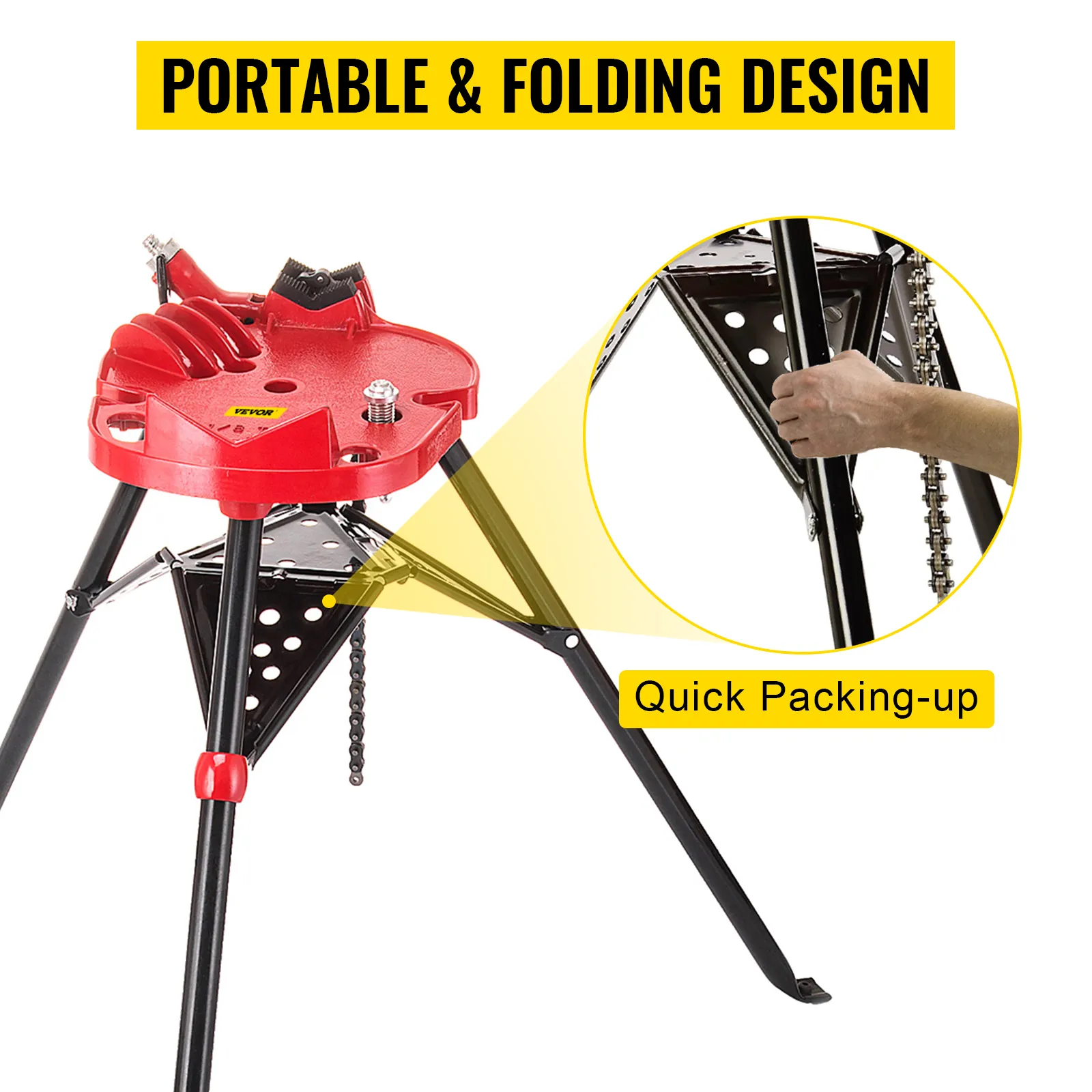 VEVOR tripod pipe vise with portable and folding design for quick packing up.