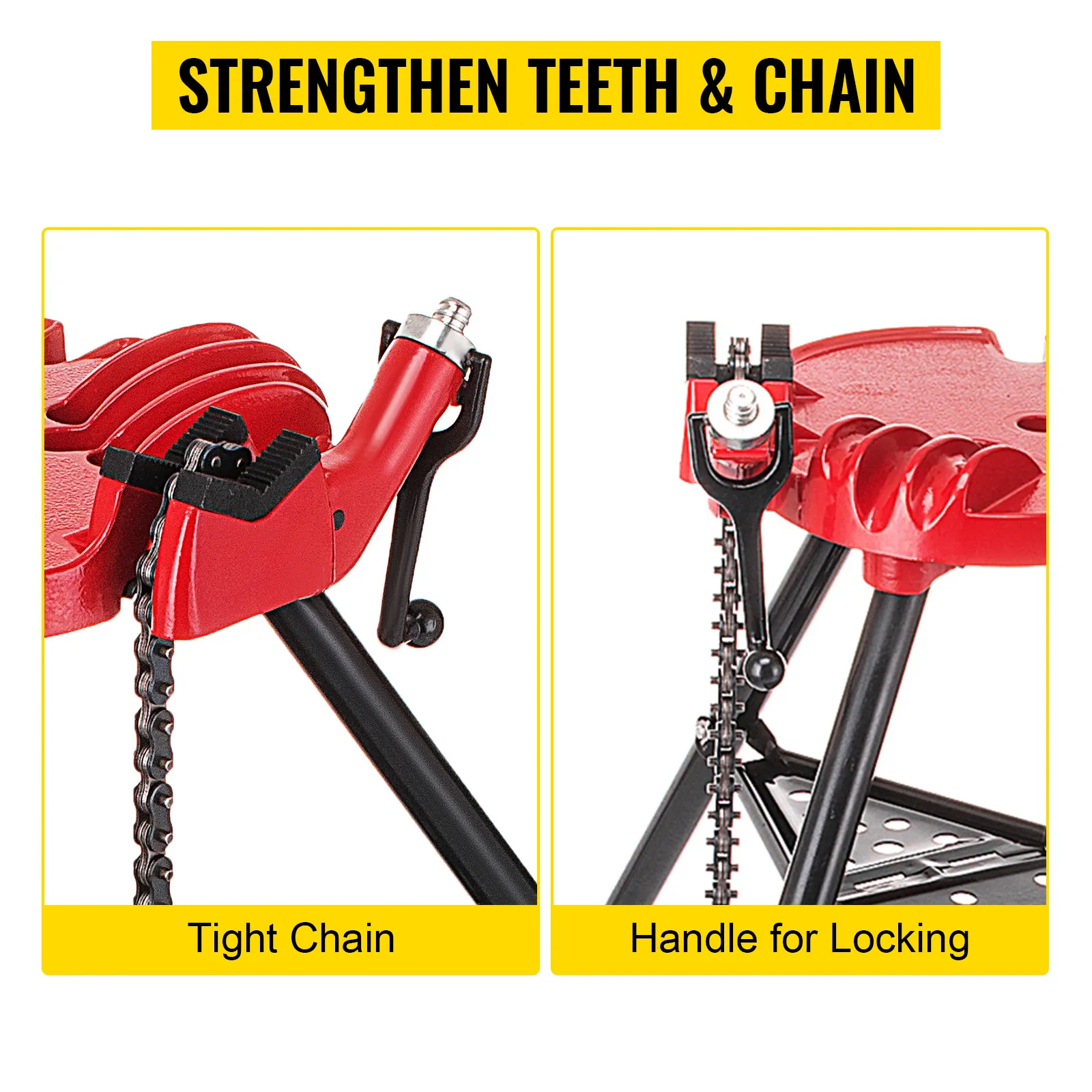 VEVOR tripod pipe vise with tight chain and locking handle mechanism.