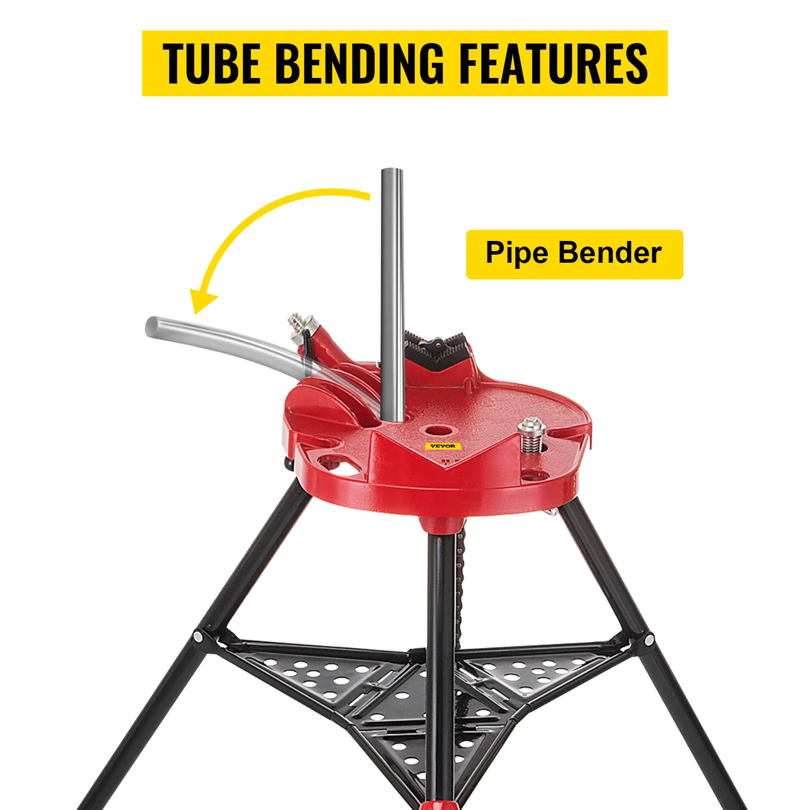 VEVOR tripod pipe vise showing tube bending features with a pipe bender.