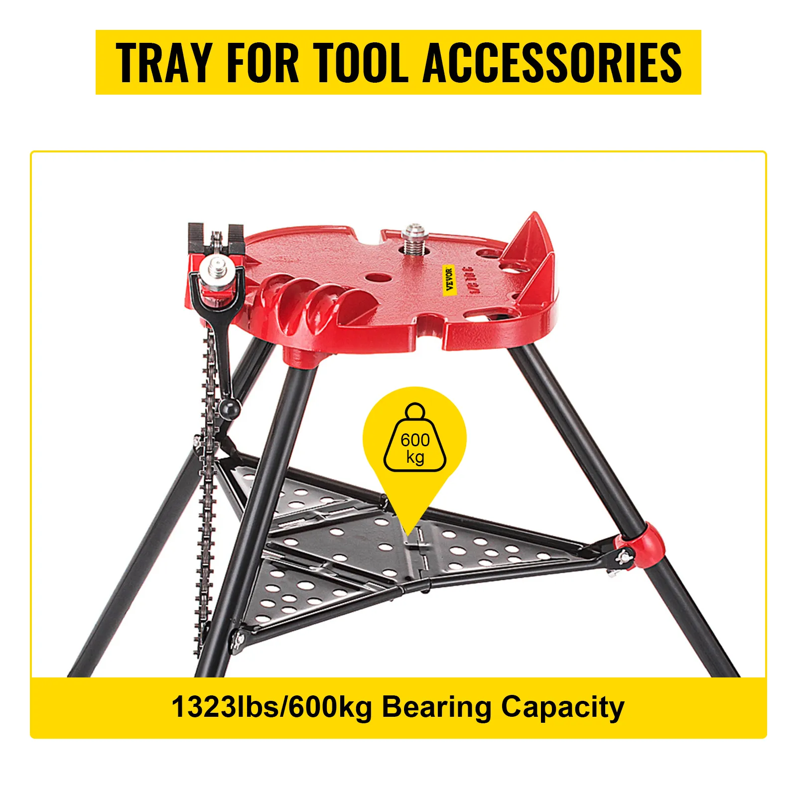 VEVOR tripod pipe vise with tool tray, 1323lbs/600kg bearing capacity.