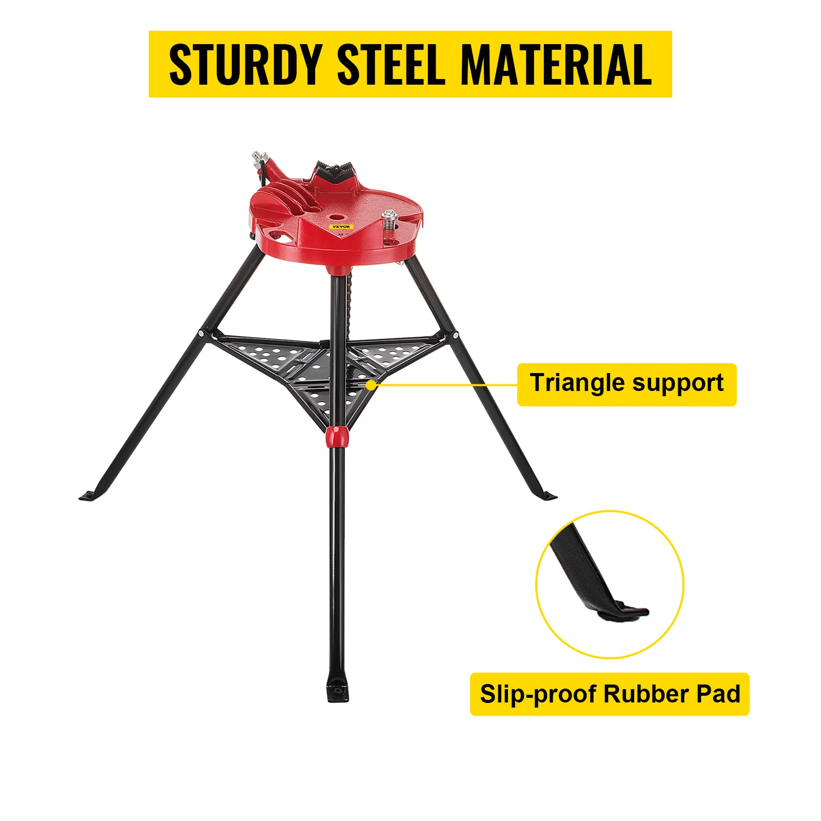 VEVOR tripod pipe vise with sturdy steel, triangle support, slip-proof rubber pad.