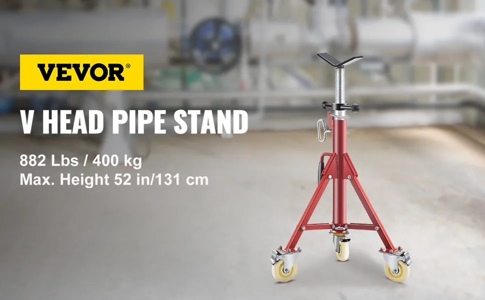 VEVOR pipe jack stand, 882 lbs capacity, 52 in height, v head, red base, caster wheels.