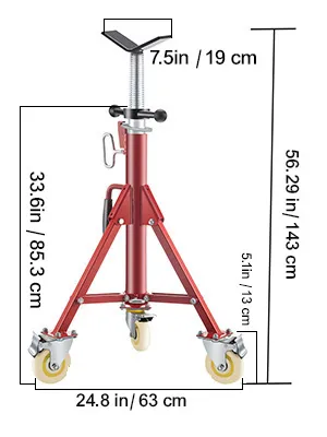 VEVOR pipe jack stand, red with adjustable height and caster wheels, 28in x 21.3in.