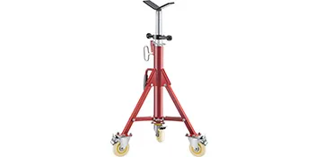 red VEVOR pipe jack stand with adjustable height and wheels on white background.