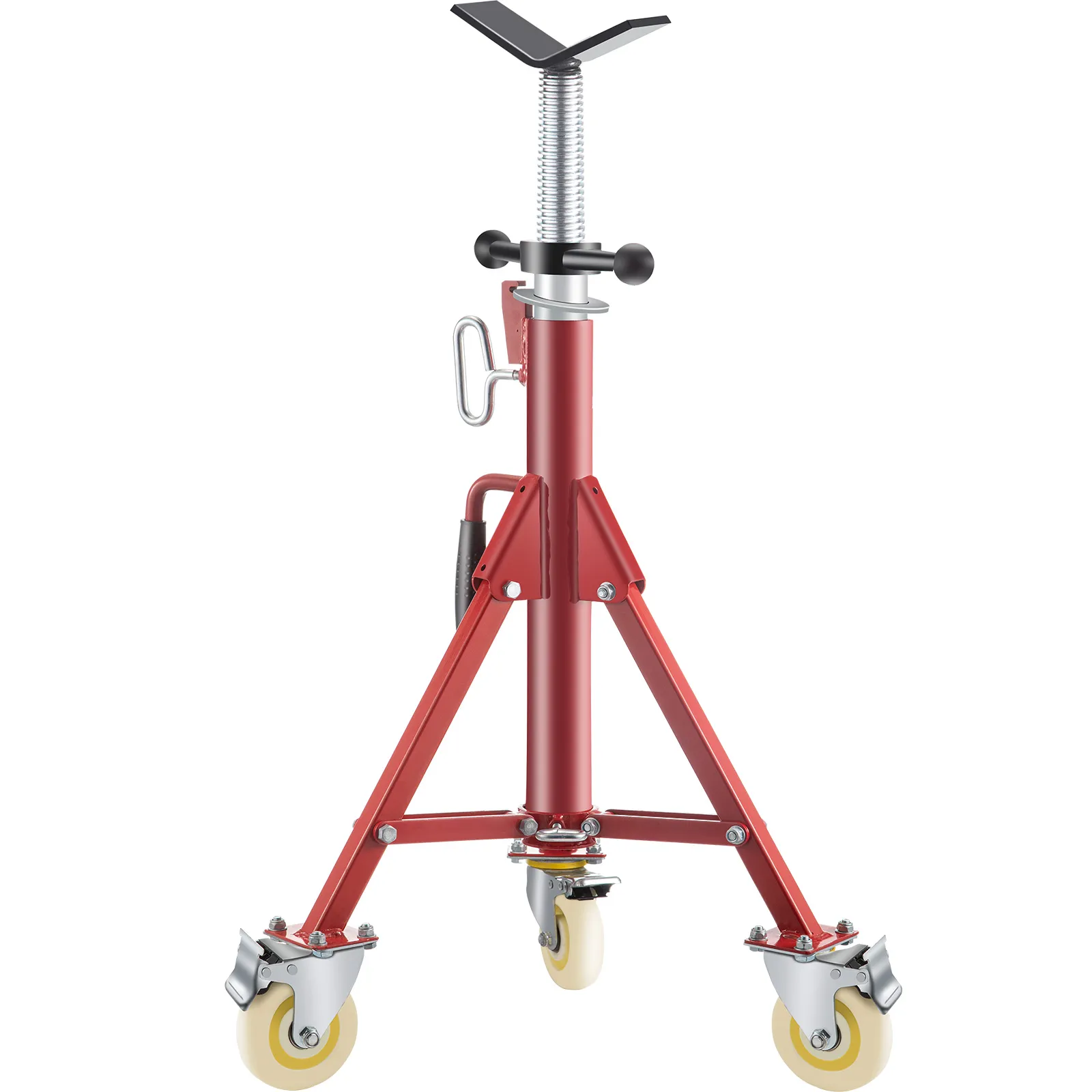 red VEVOR pipe jack stand with adjustable height and sturdy base on caster wheels.