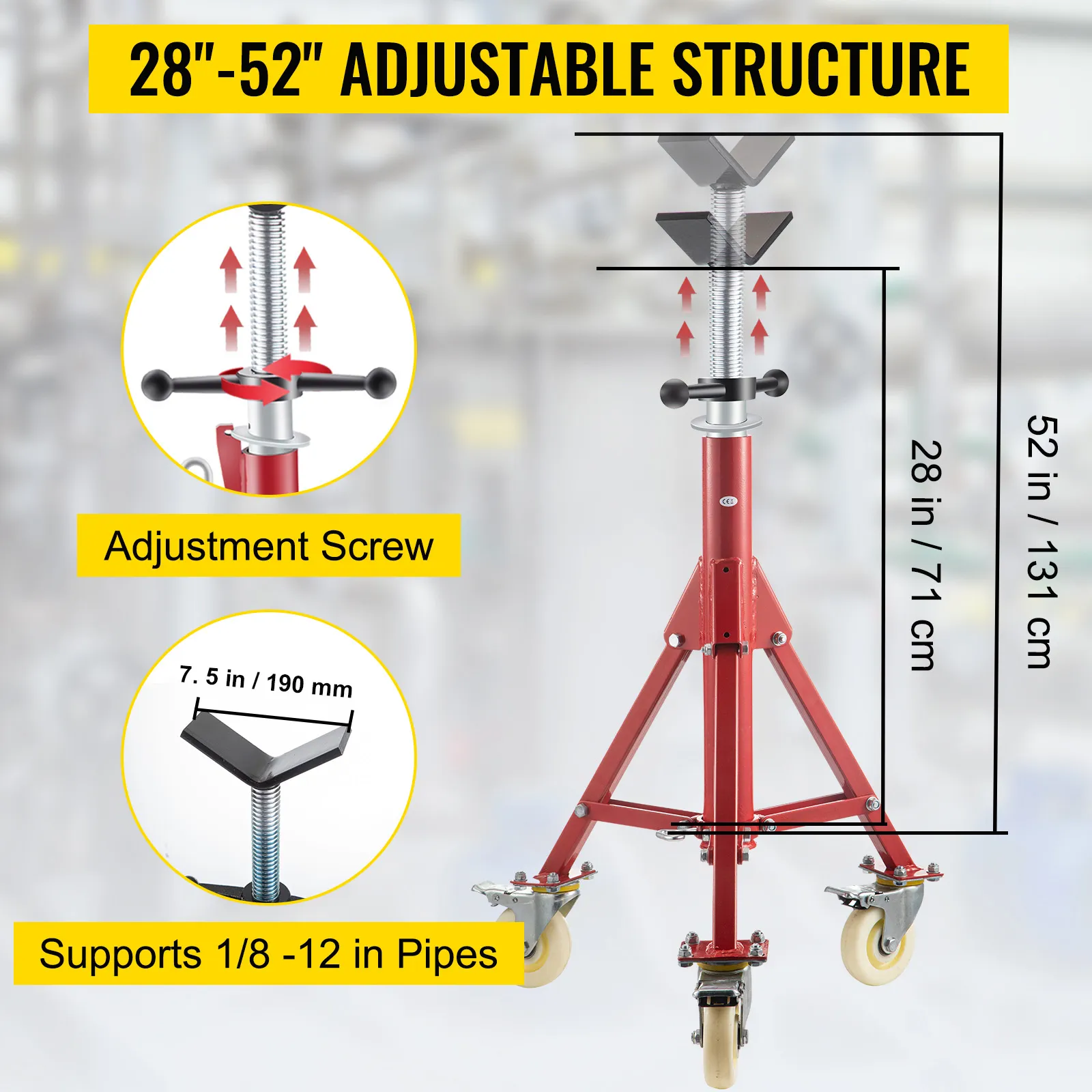VEVOR pipe jack stand, adjustable 28"-52", supports 1/8-12 inch pipes, red frame, caster wheels.