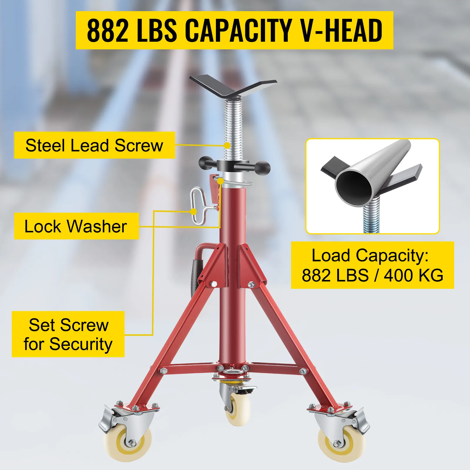VEVOR pipe jack stand, 882 lbs capacity, with steel lead screw and lock washer.