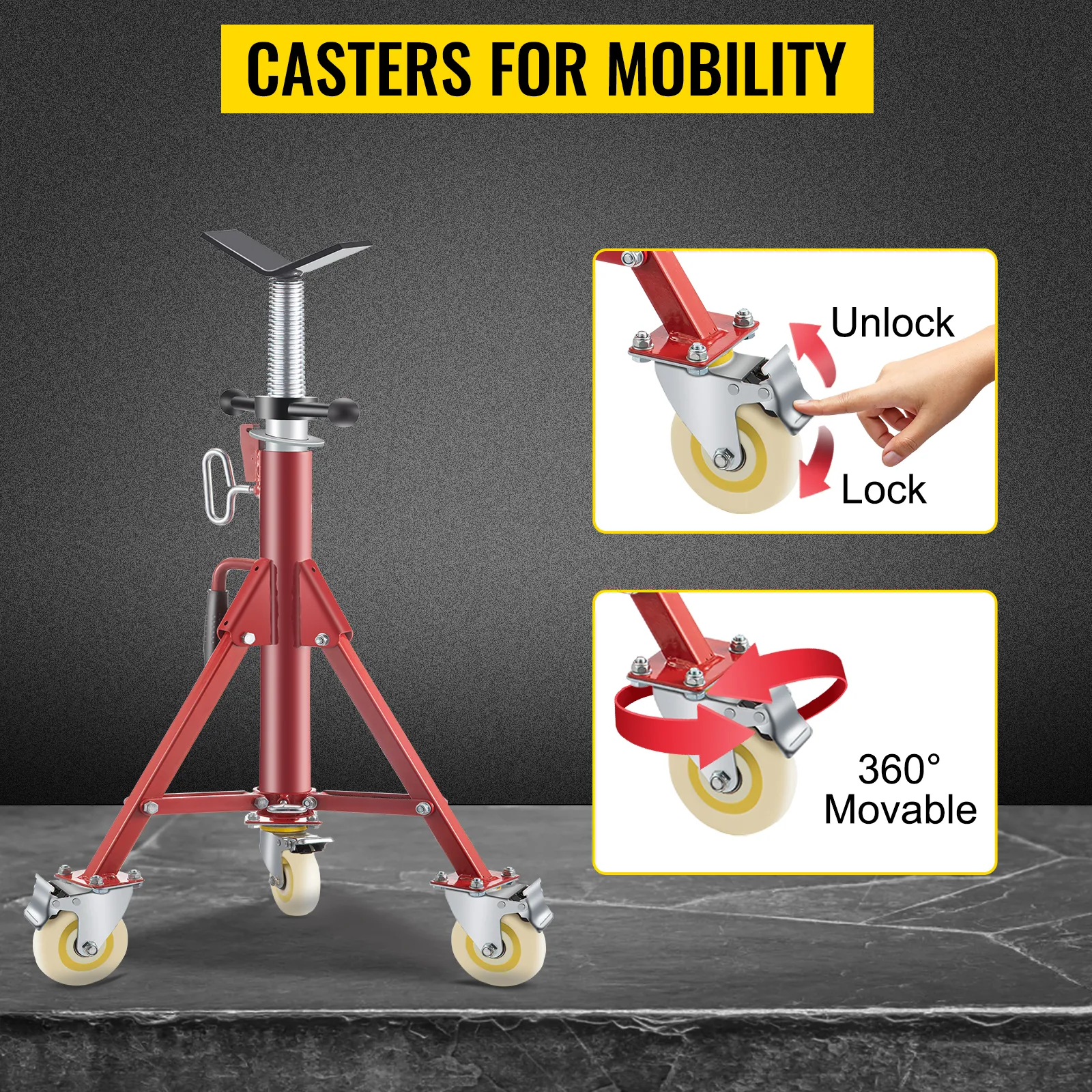 VEVOR pipe jack stand with locking casters for mobility and stability.