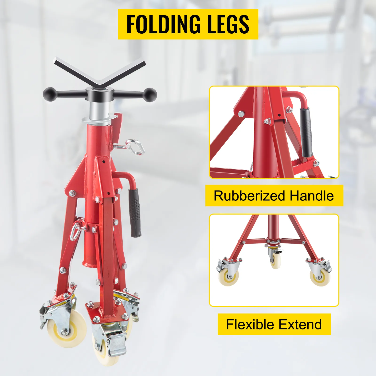 red VEVOR pipe jack stand with folding legs, rubberized handle, and flexible wheels.