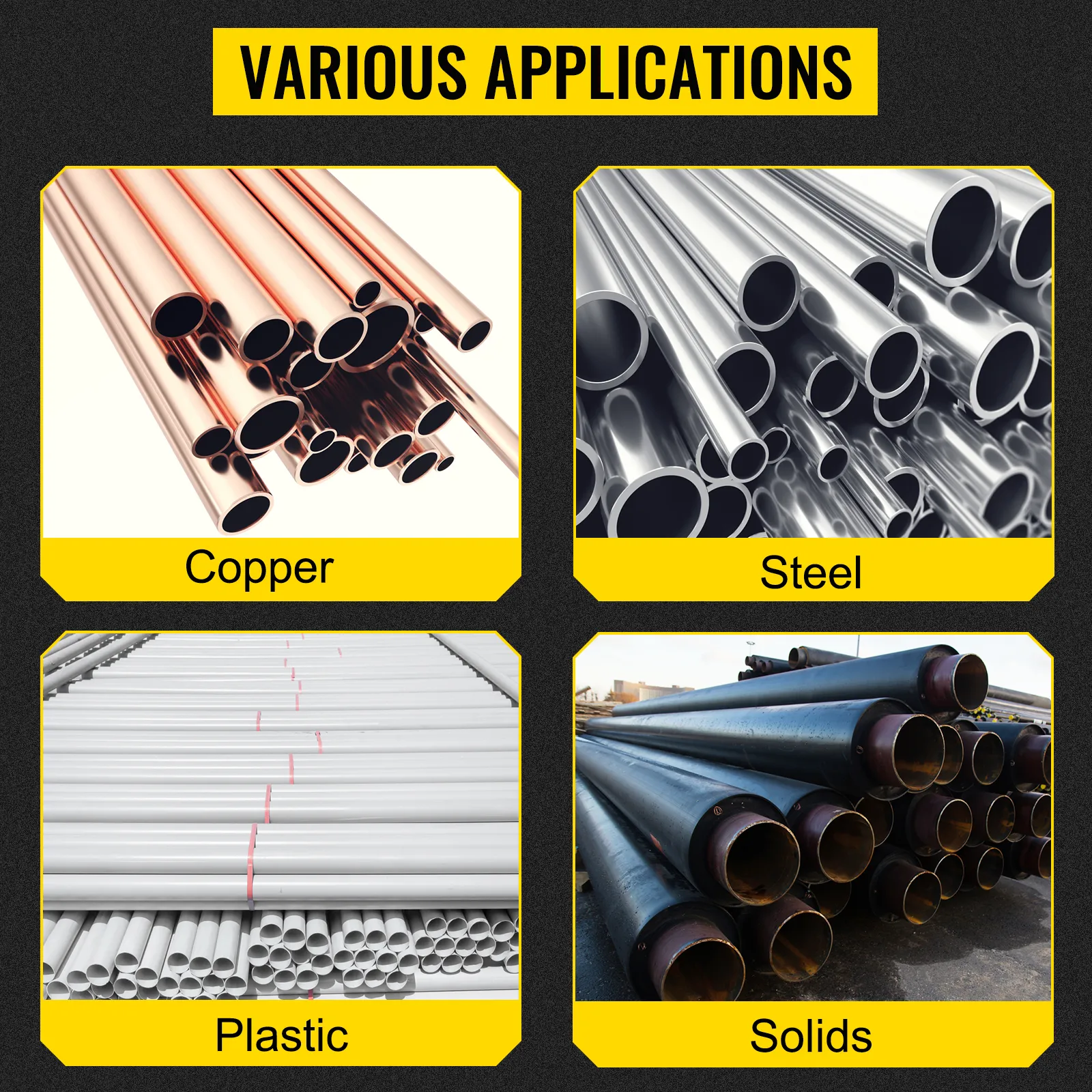 copper, steel, plastic, and solids pipes showcasing VEVOR pipe jack stand applications.