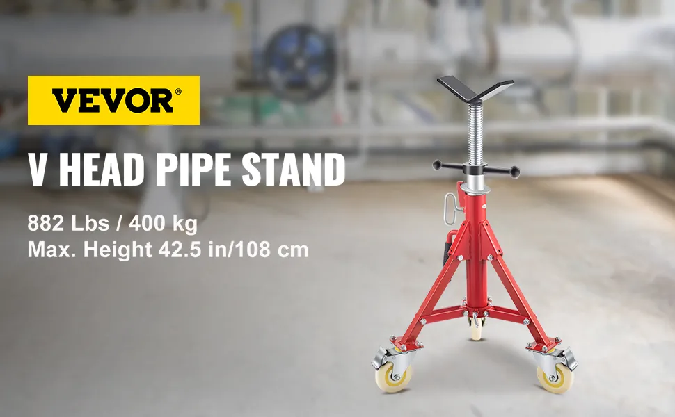 VEVOR pipe stand red with wheels for heavy pipes, max height 42.5 in/108 cm.