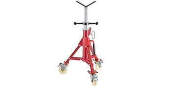 red VEVOR pipe stand with casters and an adjustable base.