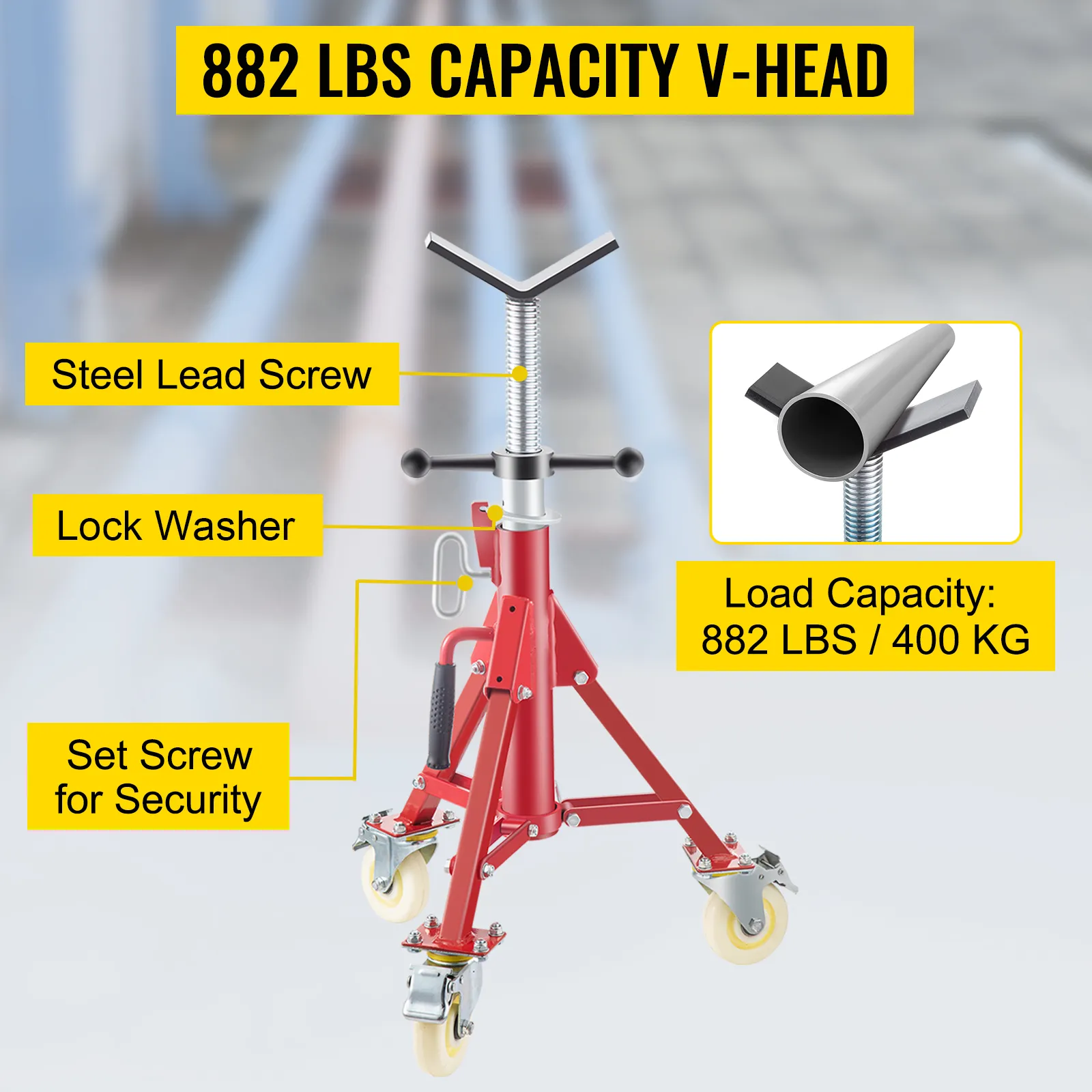 VEVOR pipe stand with v-head, 882 lbs capacity, steel lead screw, lock washer, set screw.