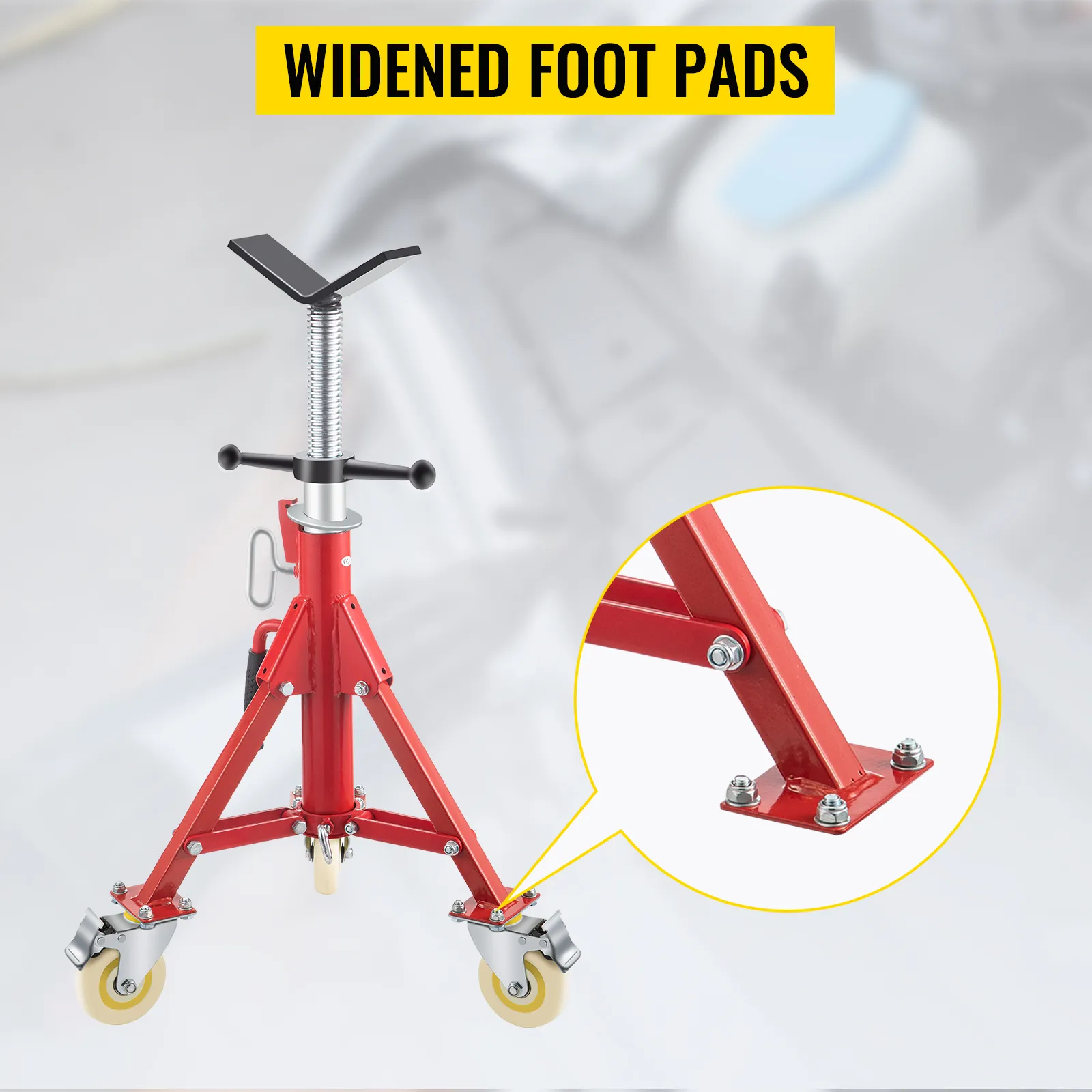 VEVOR pipe stand with widened foot pads, red frame, and lockable wheels.