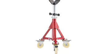 red VEVOR pipe stand with adjustable height and three caster wheels.