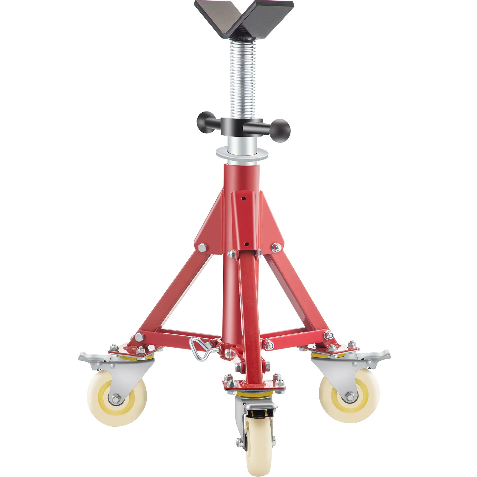 red VEVOR pipe stand with adjustable height and caster wheels for easy mobility.
