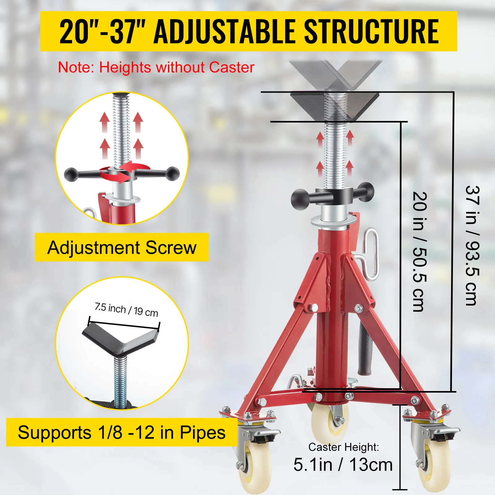 VEVOR pipe stand: adjustable height 20"-37", supports 1/8-12 inch pipes.