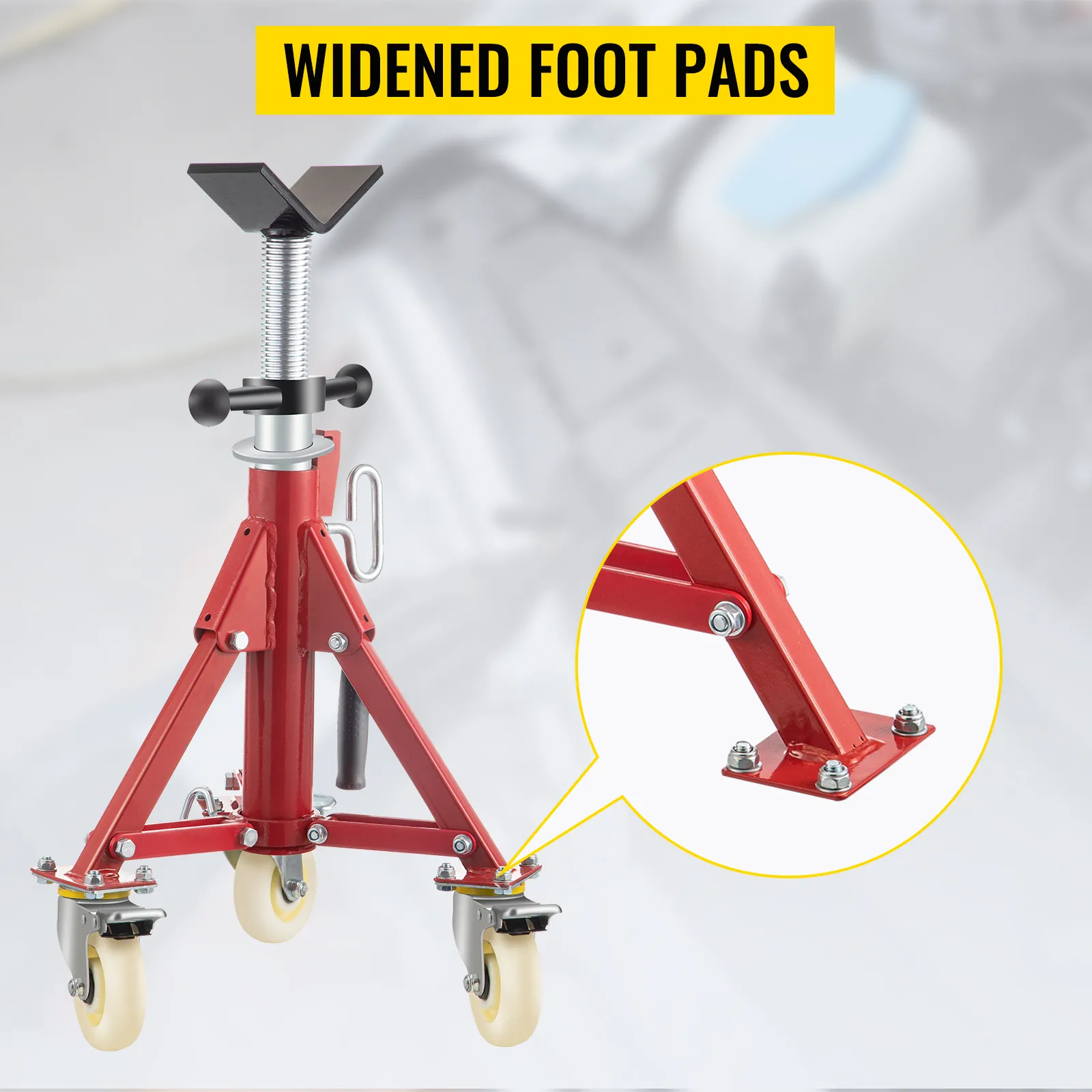 VEVOR pipe stand with widened foot pads and rolling casters for stability and mobility.